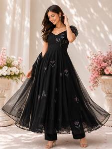 Georgette anarkali ชุดสูทที่มีปีกขนาดใหญ่พร้อมกางเกงและมือพิมพ์ georgette dupatta พร้อมที่จะสวมใส่ชุด - Product Image 2