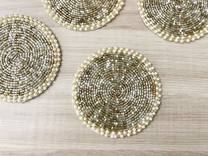 Luxury Beaded Round <b>Bar</b> <b>Mats</b> Reusable Gold White Pearl Design 4 Pack - Product Image 1