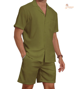 Ensemble chemise et short pour homme, vert olive, manches courtes, couleur unie, tenue décontractée d'été, col rabattu, tissu en coton respirant - Product Image 1