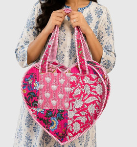 Floral Cotton <b>Heart</b> Shape Tote <b>Bag</b> With Panelled Design Bohemian Style For Shopping - Product Image 1