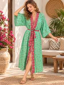 Bata cruzada con cuello en V y estampado floral para mujer, mangas tres cuartos, cierre con cordón de longitud completa, ropa informal de verano - Product Image 4