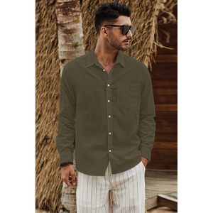 2026 Men's Stylish Button Down Cotton <b>Linen</b> Long Sleeve Dress <b>Shirt</b> Square Collar Woven-Size XL - Product Image 5