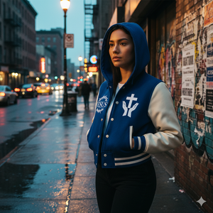 Women's Christian Jesus Crown of Thorns <b>Cross</b> Varsity Jacket Faith Inspired Waterproof Front Blue & White Hooded Bomber Jacket - Product Image 6