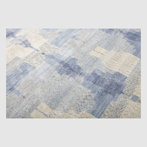 Alfombra de Área de Ikat de Lana y Seda Anudada a Mano, Suave, Azul Cielo y Marfil, Geométrica, Desgastada, Moderna, para Sala de Estar - Product Image 4