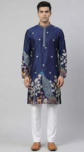 Kurta traditionnel pour homme en soie Malai infroissable, avec broderie Daman riche, et pyjama en coton Raymond pour Diwali et mariage - Product Image 2