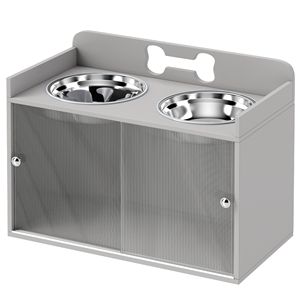 Supporto Rialzato per Ciotole per Cani di Taglia Grande, Grigio, con 2 Ciotole in Acciaio Inox e Vano Portaoggetti - Product Image 1