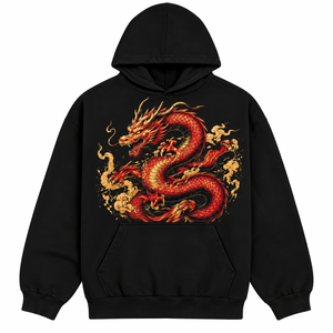 Sweat-shirt à capuche noir surdimensionné pour homme OEM ODM avec imprimé dragon rouge sur le devant, poche kangourou, style hip-hop, logo personnalisé - Product Image 2