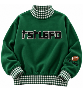 Wholesale Custom <b>Women</b>’s Green Mock Neck <b>Sweatshirt</b> <b>White</b> Gingham Plaid Faux Layered Design Embroidered Football Logo Oversized - Product Image 6