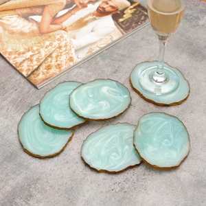 Turquoise Resin <b>Coasters</b> with <b>Gold</b> Edge Square Shape Glam Modern Design Handmade Non Slip Mats & Pads - Product Image 2