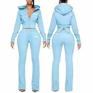 Women's 2 Piece <b>Knitted</b> <b>Set</b> Long Sleeve Crop Top With Zipper Flared Pants Solid Color Breathable Full Length Activewear - Product Image 4