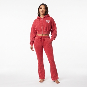 Women's <b>Red</b> Fleece Hoodie And Wide Leg Jogger With Side Pockets Full Zip Crop <b>Top</b> <b>Long</b> <b>Sleeve</b> Casual Wear Two Piece - Product Image 1