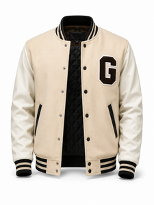 Veste universitaire unisexe beige avec manches blanches, patch G marron, style preppy, col rabattu, coupe classique, vêtement d'hiver, broderie - Product Image 3