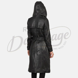 Manteau long en cuir véritable noir pour femme, avec capuche, ceinture, en peau de mouton, coupe ajustée, élégant, parka en cuir - Product Image 3