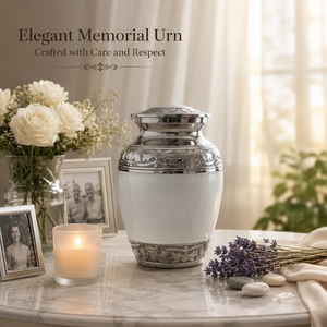 Urna Funeraria de Aluminio Blanca y Plateada de Primera Calidad para Cenizas Humanas |   Urna Funeraria Conmemorativa Grabada a Mano |   Decorativo para Adultos - Product Image 3