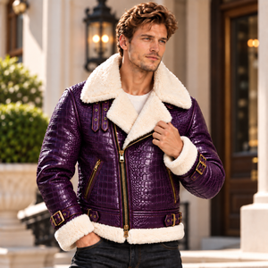 <b>Men's</b> Brown Crocodile Embossed Genuine Leather <b>Shearling</b> Jacket Winter Aviator Biker <b>Coat</b> OEM Wholesale Custom Manufacturer - Product Image 2