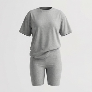 Women's 2 Piece <b>Knitted</b> <b>Set</b> Short Sleeve Crew Neck T Shirt and Above Knee Shorts Solid Gray Casual Spring Summer Wear - Product Image 1