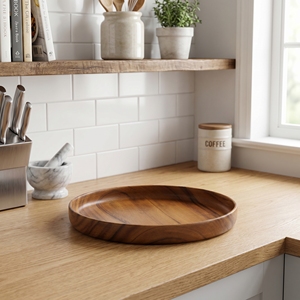 Assiette de service ronde en bois de Suar de qualité alimentaire, brun clair, vingt-huit centimètres, pour le petit-déjeuner, les boissons et la décoration de table à la maison - Product Image 4