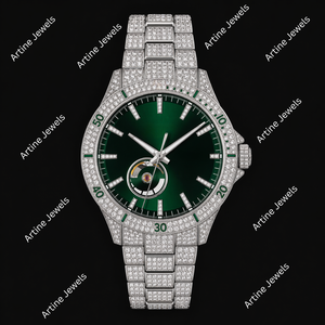Montre automatique à cadran vert et diamants |   Montre squelette de luxe entièrement sertie de pierres - Product Image 2