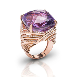 Rose <b>Gold</b> <b>Cocktail</b> <b>Ring</b> With Pear Cut Amethyst And Pave Diamond Accents Geometric Design Women Luxury Statement Jewelry - Product Image 1
