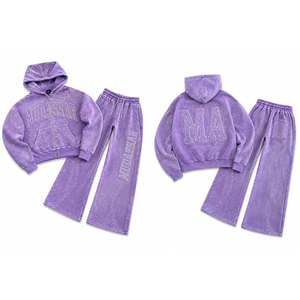 Men Hooded Tracksuit <b>Set</b> 100% Cotton Acid Washed Embossed 450 Gsm Loose Fit Rhinestone Cropped <b>Joggers</b> Casual Wear - Product Image 5