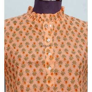 Chemisier d'été décontracté à col mandarin et manches courtes, coupe classique, imprimé floral vintage, 100 % coton lavable, touche féminine - Product Image 3