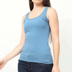 Camiseta sin mangas azul para mujer, cuello redondo, informal, tejida, 100% algodón, transpirable, color liso, largo regular - Product Image 6