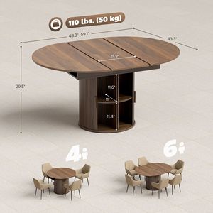 Tavolo da Cucina Stile Fattoria in Noce da 60 Pollici, Estensibile per 6 Persone, con Ripiano a 2 Livelli e Porte Scorrevoli Scanalate - Product Image 3