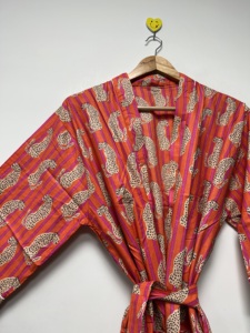 Handmade Floral Print 100% Cotton <b>Long</b> Sleeve V-neck <b>Kimono</b> Robe-Lightweight Summer Nightwear Lounge Wear One Size - Product Image 1