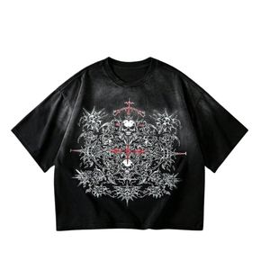 Custom Oversized Vintage Acid Wash T <b>Shirt</b> Gothic Skull Cross Graphic Print Heavyweight Cotton Harajuku <b>Y2K</b> Streetwear Men Women - Product Image 1