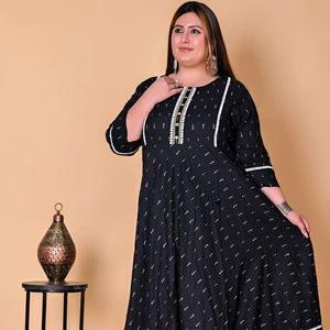 Kurta de Rayón con Estampado Geométrico y Líneas, Tallas Grandes, con Detalles de Espejo, Estilo Étnico, Ropa Femenina Cómoda, Informal, Tradicional, para Verano - Product Image 1