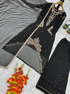 Salwar Kameez noir brodé avec travail de miroir, longueur au sol, tenue traditionnelle indienne pakistanaise pour mariage, en polyester - Product Image 6