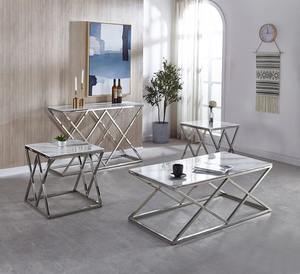 Modern Contemporary Geometric Living Room Hallway <b>Desk</b> and Center Table Set Polished Silver Finish Stone Look Surface - Product Image 5