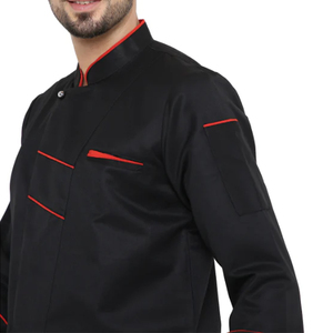 <b>Men</b> <b>Long</b> Sleeve Chef Jacket <b>Black</b> With Red Trim Button Front Restaurant Uniform - Product Image 5