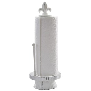 Soporte de papel toalla de madera vintage blanco con diseño de flor de lis y barra de corte - Product Image 6
