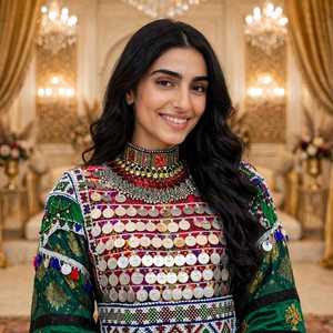 Robe longue bohème avec broderie artisanale, coupe trapèze, manches longues, col ras du cou, taille empire, motif vert et or, idéale pour les soirées et tenue décontractée - Product Image 3
