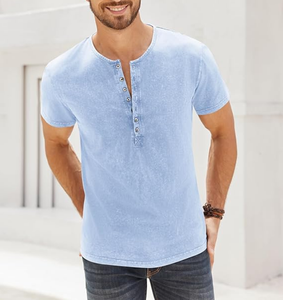 Chemises Henley OEM en gros, style vieilli, rétro, à manches courtes, décontractées, boutonnées, lavées, pour hommes, 100% coton, 240 GSM - Product Image 3