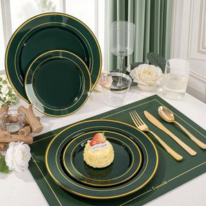 50 Platos de Plástico Verde y Dorado, Vajilla de Plástico Verde para 350 Invitados con Servilletas Enrolladas, Decoraciones para Fiestas/Cumpleaños - Product Image 2