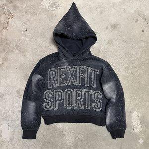 Nouveaux sweats à capuche unisexes surdimensionnés en gros, en matière de qualité, avec strass sur toute la surface, logo brodé effet vieilli, couleur unie, à fermeture éclair - Product Image 6