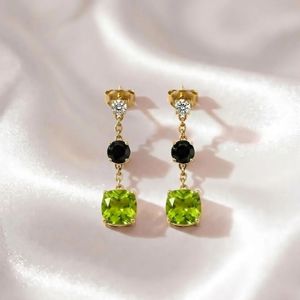 Peridot & Black Obsidian Drop <b>Earrings</b> With CZ Accent Minimalist Handmade Jewelry Elegant Stud Dangle <b>Earrings</b> Sterling <b>Silver</b> - Product Image 4