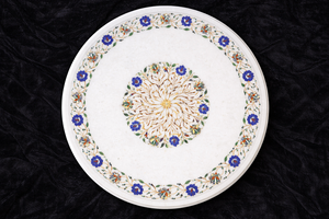 Tablero de Mesa de Comedor Redondo de Mármol Hecho a Mano con Diseño de Incrustaciones Florales de Lapislázuli Azul, Muebles de Decoración de Hogar de Lujo - Product Image 3