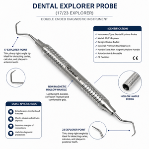 Sonda exploradora dental manual profesional de doble punta de acero inoxidable no magnético, instrumento de diagnóstico con mango hueco, CE - Product Image 2