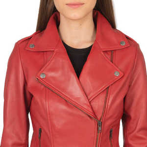 Chaqueta de Motocicleta de Cuero Sintético PU Roja para Mujer, Manga Larga, Cierre de Cremallera, Cuello Camisero, Abrigo de Otoño - Product Image 2