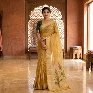 Sari en coton Muga jaune avec broderies florales pour femmes, tenue traditionnelle pour mariage et festivals, style indien - Product Image 4