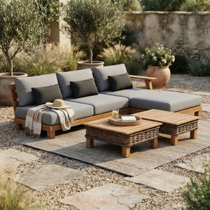 Outdoor Teak Wood Sectional <b>Sofa</b> Set Woven Wicker Coffee Table Modular Patio Lounge Cushion <b>Sofa</b> <b>Bed</b> Ottoman Setup Art - Product Image 4