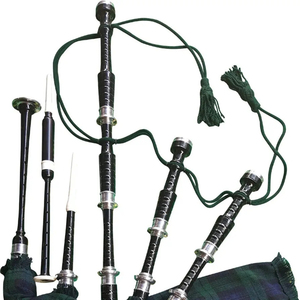 Gaita de cimbalones escocesa modelo SK-SB-312 de palo de rosa con acabado negro pulido, monturas plateadas y tartán verde, personalizada para banda de marcha. - Product Image 1