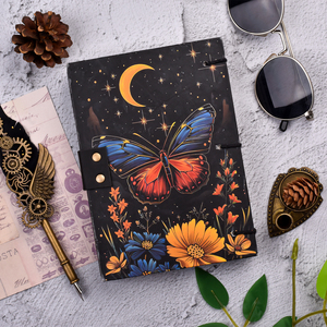 A5 Butterfly Night Sky Handmade Paper Dairy with <b>Lock</b> Closure | 100 Pages Premium <b>Diary</b> Floral Moon Design for Gift Bulk Supply - Product Image 1