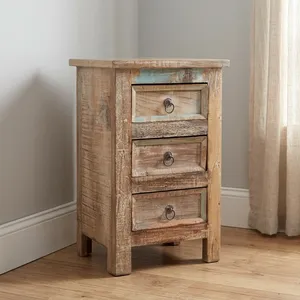 Table d'appoint rustique ancienne en bois à 3 tiroirs, meuble de rangement pour chevet, chambre à coucher, salon, entrée, maison de style farmhouse - Product Image 5