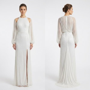 Vestido Largo de Lentejuelas Blancas de Lujo |   Camiseta de manga larga para mujer con hombros descubiertos y transparencias |   Vestido de noche con abertura alta |   Ropa Formal Elegante - Product Image 1