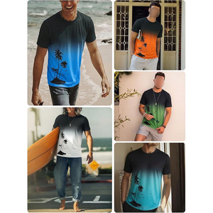 Teal Gradient Palm Tree Bird Silhouette Short Sleeve Crew Neck Casual Summer Men T <b>Shirt</b> - Product Image 5
