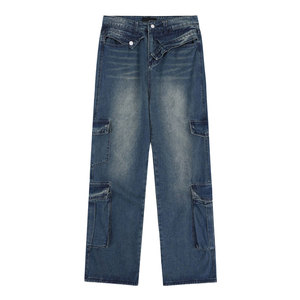 Pantalon cargo en jean bleu multi-poches pour homme, taille asymétrique croisée, coupe droite ample, style vintage utilitaire, jean baggy - Product Image 3